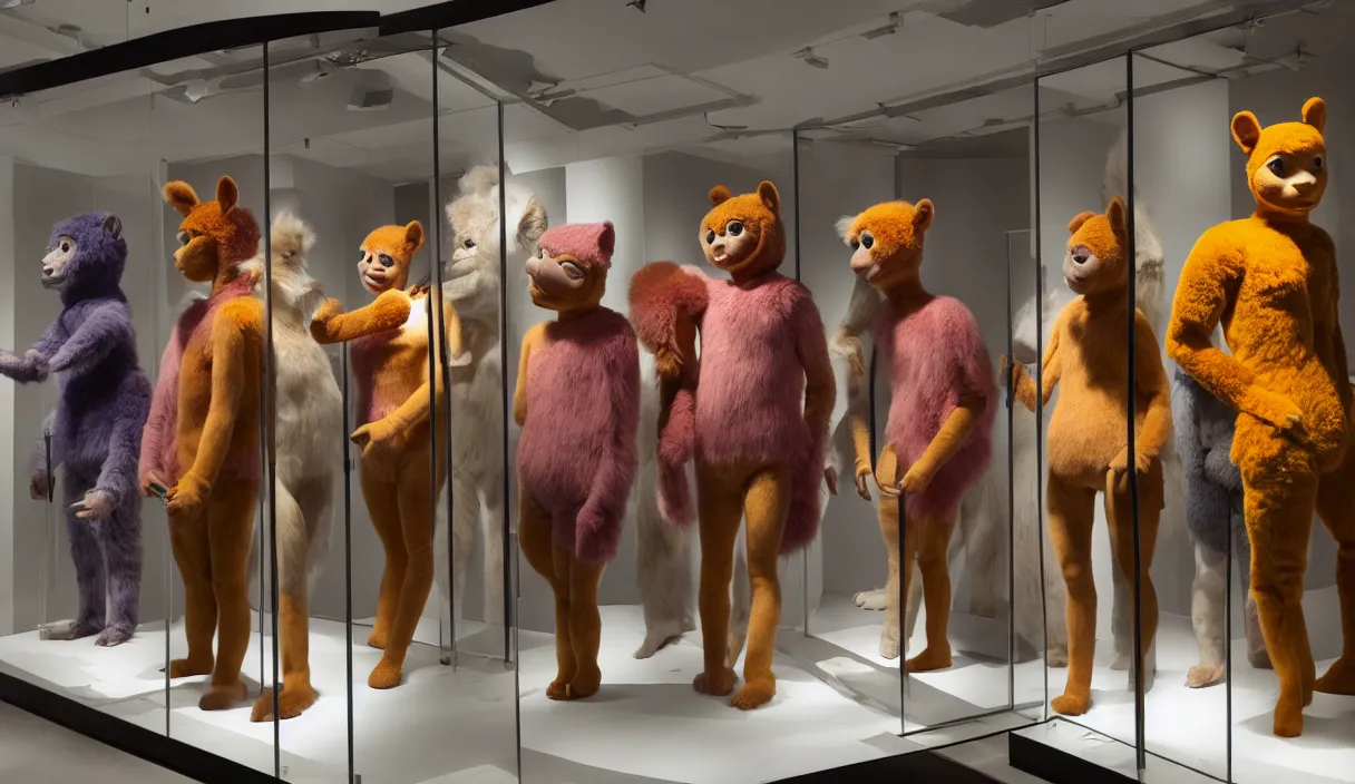 Prompt: diorama windowstore vitrine at the american museum of natural history, new york, of very realistic dissected teletubbies as furry animals, photography portrait aesthetic by guy bourdin, museum artifact