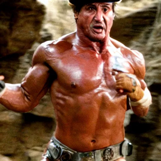 Image similar to sylvester stallone as indiana jones, running in a cave full of traps