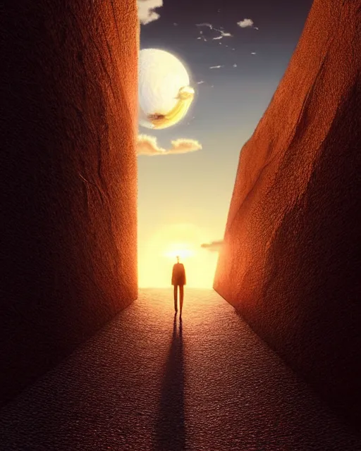 Image similar to a hyper - detailed 3 d render of walking off into the sunset, outrun sun, surrealism!!!!! surreal concept art, lifelike, photorealistic, digital painting, aesthetic, smooth, sharp focus, artstation hd, by greg rutkowski, klimt and nixeu and ian sprigger and wlop and krenz cushart,