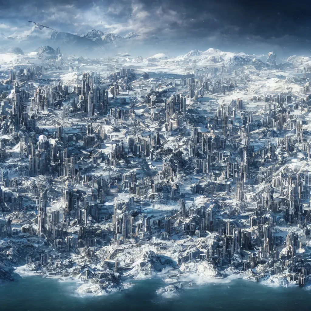 Image similar to A coastal city near some snow-capped mountains, sci-fi, 8k photorealistic, close-up photo, futuristic architecture