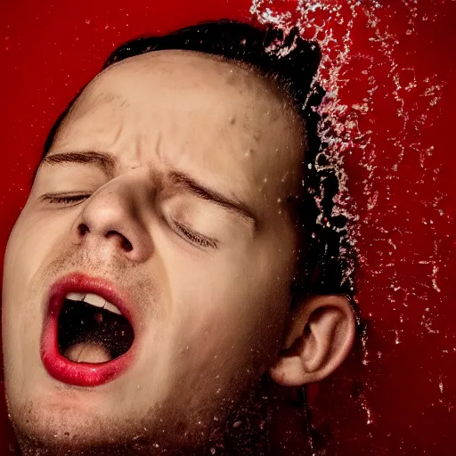 Image similar to music makes a young man suffer in a red room with water on the ceiling