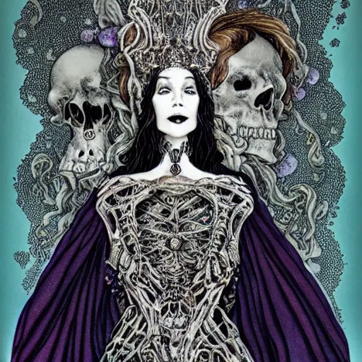 Image similar to the gothic wiccan beautiful queen witch occult woman sitting atop her throne made of skulls by gerald brom by anna steinbauer by kelly mckernan by edward gorey, trending on artstation