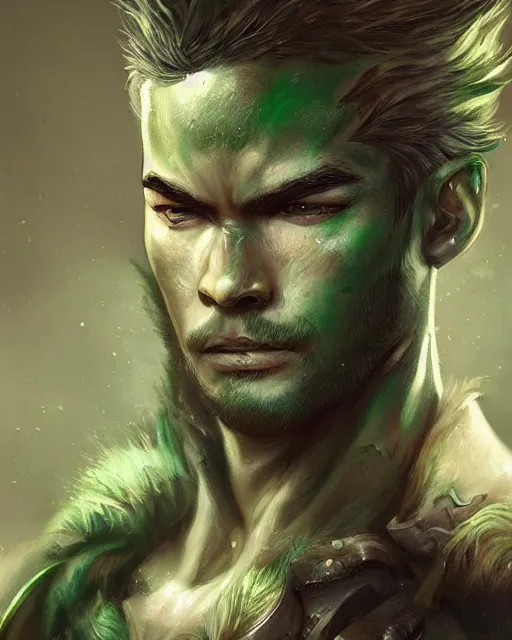 Image similar to portrait of a male warrior, fierce, masculine, ross tran, muted colors, green! eyes!!!!!!!!!!!, highly detailed sculpture, intricate detailed, ommatidia, 8 k, cinematic atmosphere