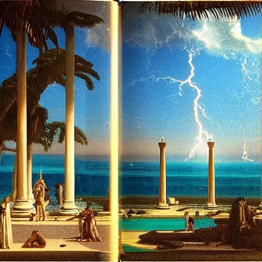 Image similar to Giant columns palace, thunderstorm, greek pool, beach and palm trees on the background major arcana sky, by paul delaroche, magazine photo from 1987, hyperrealistic 8k, very detailed