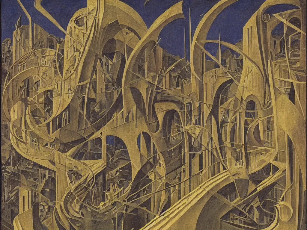 Image similar to The wise serpent knows the secret infinite stairs. Brutalist, doomed deserted industrial city. Solar flares. Piero della Francesca Rene Magritte, Jean Delville, Max Ernst, Escher