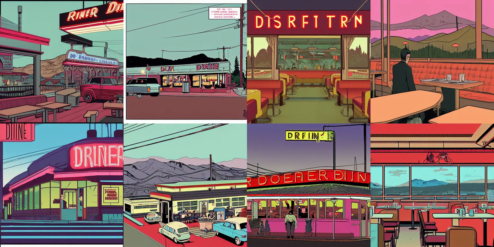 Prompt: Establishing shot of RR Diner from Twin Peaks, comic artwork by Tomer Hanuka