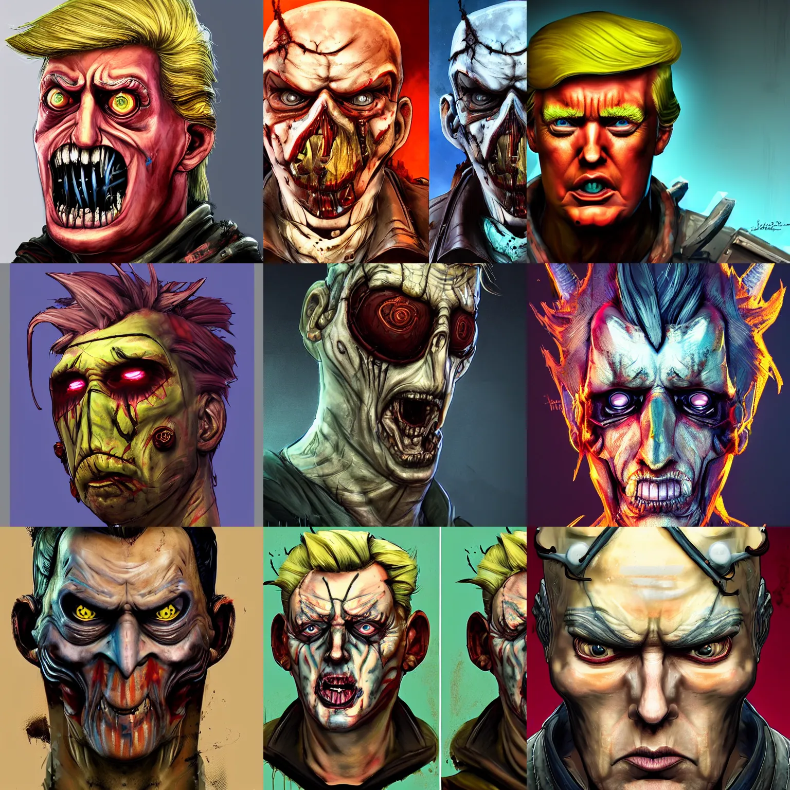 Prompt: asthetics! pretty! cell shaded scary head portrait of donald trump as Borderlands 3 concept art, llustration, postapocalyptic grunge, concept art by Eric Barnett, highly detailed, sharp focus,alien,Trending on Artstation, HQ, deviantart, art by Eric Barnett