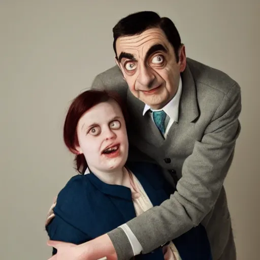 Image similar to A portrait mr bean elizabeth teams up with a teenage mr bean, perfect faces, 50 mm, award winning photography