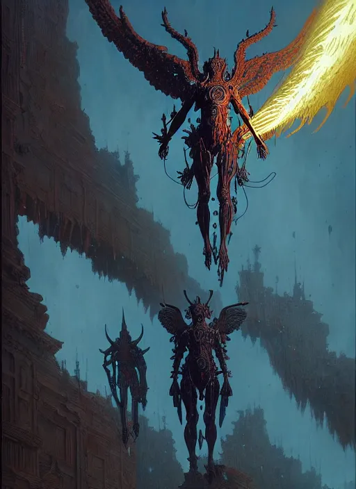 Image similar to rebulon the ancient arch angel - demon, by greg rutkowski and geof darrow, masterpiece concept art, 8 k, intricate detail, cinematic lighting, epic pose, deep colors, majestic view