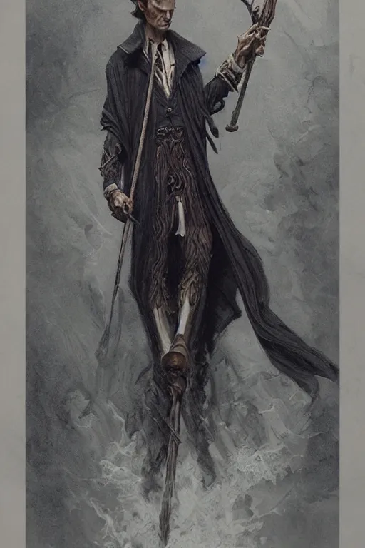 Image similar to skinny fantasy male sorcerer, long dark hair, 1 9 2 0 s, elegant, highly detailed, intricate, smooth, sharp focus, artstation, digital paining, concept art, art by donato giancola, greg rutkowski, cedric peyravernay, valentina remenar