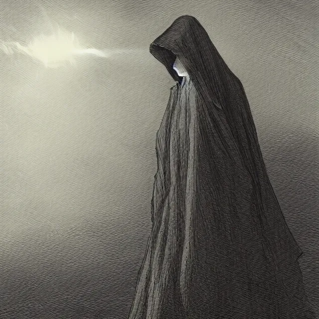 Prompt: a hooded figure in a black robe emmitting a beam of light from his face, flower meadow landscape, illustration by Gustave Dore, 18th century drawing , black and white, highly detailed, 4k, concept art, artstation