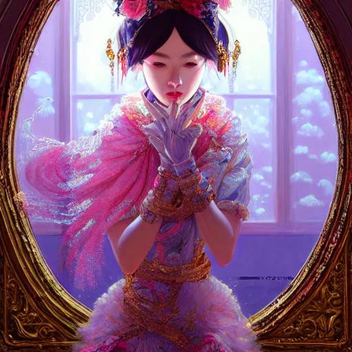 Image similar to beautiful girl in ornate clothing by ross tran, in a royal theatre, painted by sana takeda, reflections, very high intricate details, painting by liu xiaodong, digital anime art, medium shot, mid - shot, composition by ilya kuvshinov, backlit, lighting by greg rutkowski