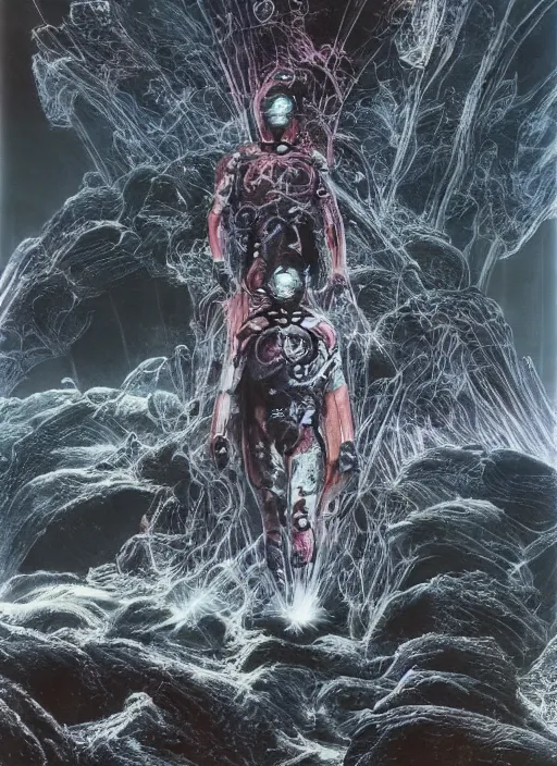 Image similar to astronauts in dark and empty void underwater - complex and hyperdetailed technical suit. reflection and dispersion materials. rays and dispersion of light. volumetric light. 5 0 mm, f / 3 2. noise film photo. flash photography. ultra realistic, wide angle. poster by wayne barlowe, hajime sorayama aaron horkey, craig mullins