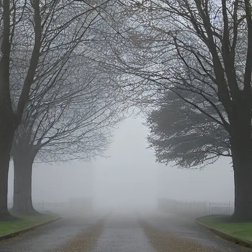 Prompt: british street in the fog, houses, 2006