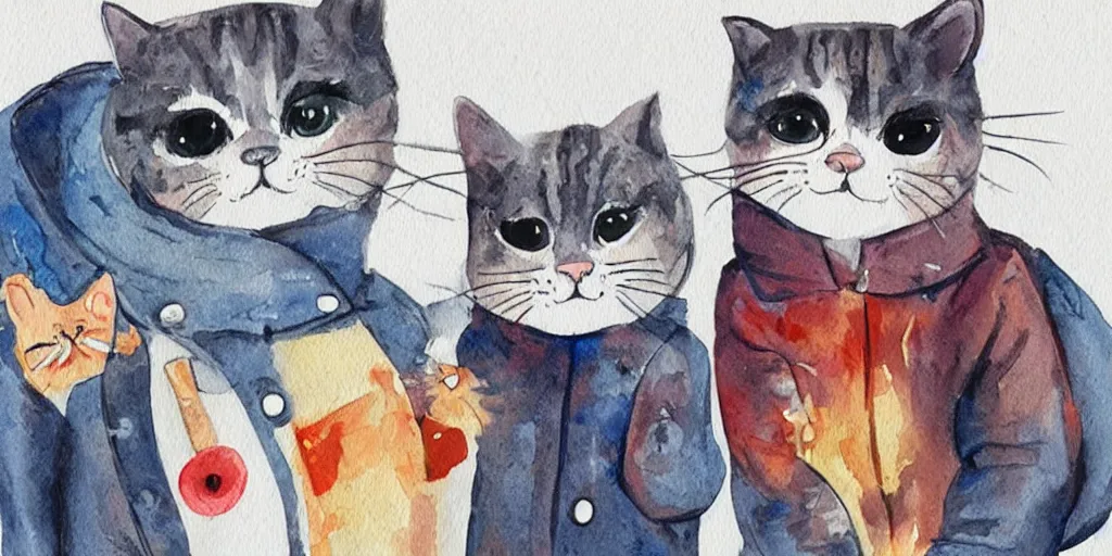 Image similar to watercolor illustration style, cute! cats!!! in jackets grow up like specialist and became professionals, business, inspiring art