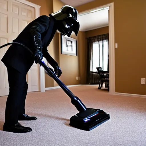 Prompt: a photo of darth vader vacuuming the carpet