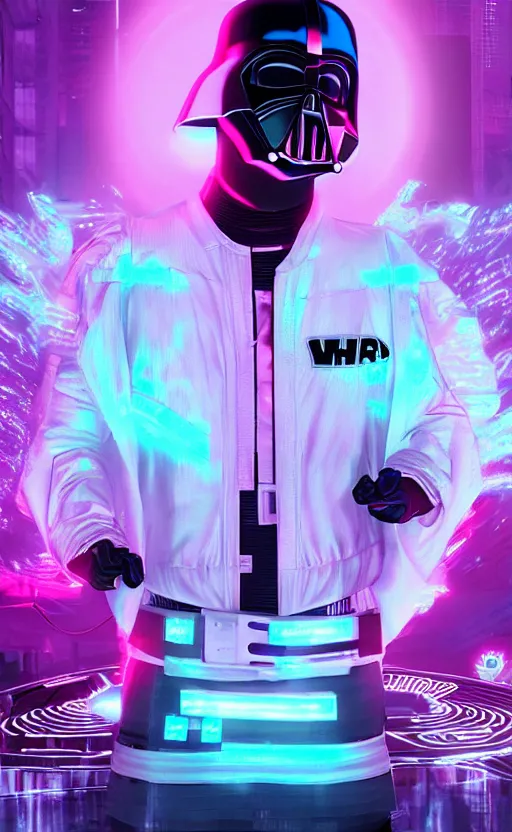 Image similar to white darth vader dancing synth wave retro wave vapor wave white and pink lighting and clothes and tech cyberpunk style ultra realistic high quality highly detailed 8 k