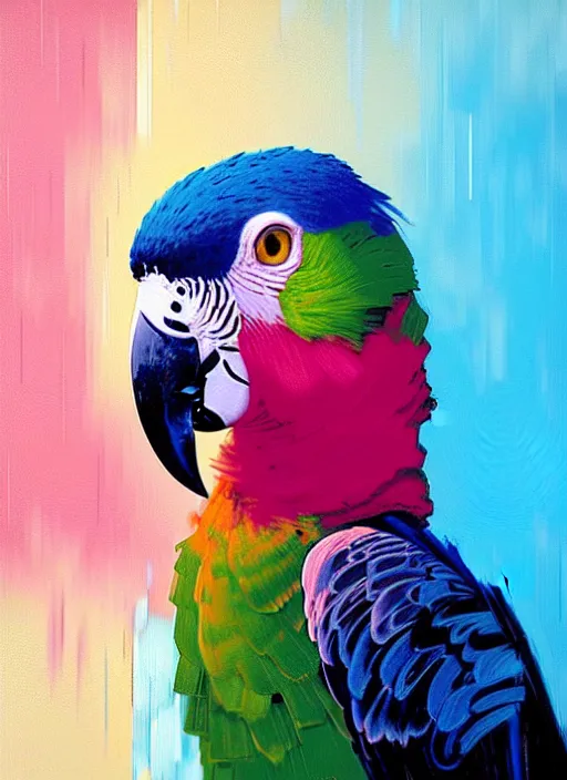 Prompt: portrait of a beautiful parrot, shades of pink and blue, beautiful face, rule of thirds, spotlight, by greg rutkowski, by jeremy mann, by francoise nielly, by van gogh, digital painting