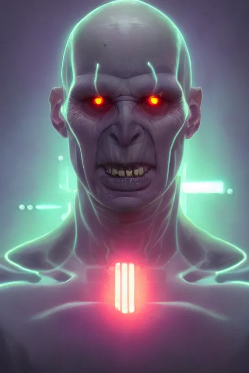 Prompt: cyborg Lord Voldemort without nose in cyberpunk, neon lighting, digital art from artstation by Ruan Jia and Mandy Jurgens and Artgerm and william-adolphe bouguereau and Greg Rutkowski and Wayne Barlowe