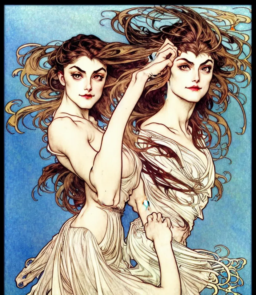 Image similar to in the style of artgerm, arthur rackham, alphonse mucha, phoebe tonkin, symmetrical eyes, symmetrical face, flowing blue skirt, full entire body, hair blowing, intricate filagree, hidden hands, warm colors, cool offset colors