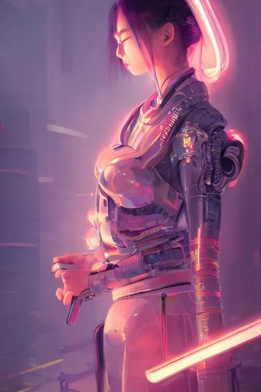 Image similar to portrait futuristic Samurai Girl, in future cyberpunk tokyo rooftop , ssci-fi, fantasy, intricate, very very beautiful, elegant, human anatomy, neon light, highly detailed, digital painting, artstation, concept art, smooth, sharp focus, illustration, art by tian zi and WLOP and alphonse mucha