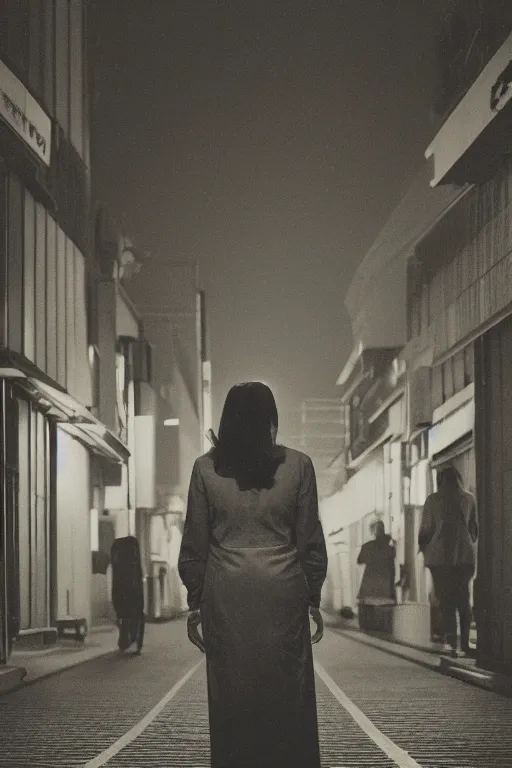 Image similar to a woman standing in the middle of a tokyo street at night, in the style of the dutch masters and Gregory Crewdson