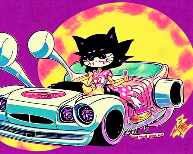 Image similar to high - quality anime catgirl in ratfink style by ed roth, crazy bulging eyes janky teeth riding in a hot rod, road rage, inspired by naoko takeuchi 8 0 s bishoujo anime, vhs filter