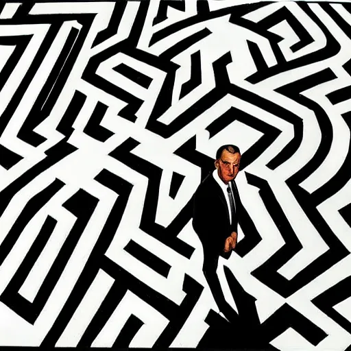 Prompt: A suited man standing in the middle of a head-shaped maze, overhead shot, wide shot, painting, stylistic, art by Norman Rockwell