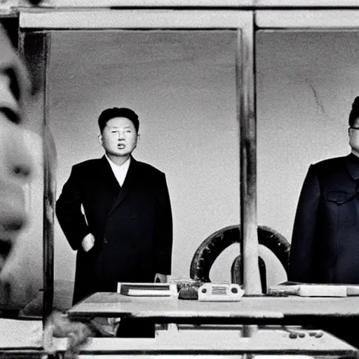 Image similar to low resolution filmstill of a north Korean thriller in the style of Kim Jong-il and Kurosawa and Cronenberg