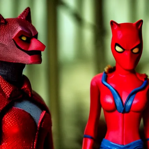 Prompt: a cinematic film still of a claymation stop motion film starring emma stone as red hood and andrew garfield as wolf, brunette hair, shallow depth of field, 8 0 mm, f 1. 8