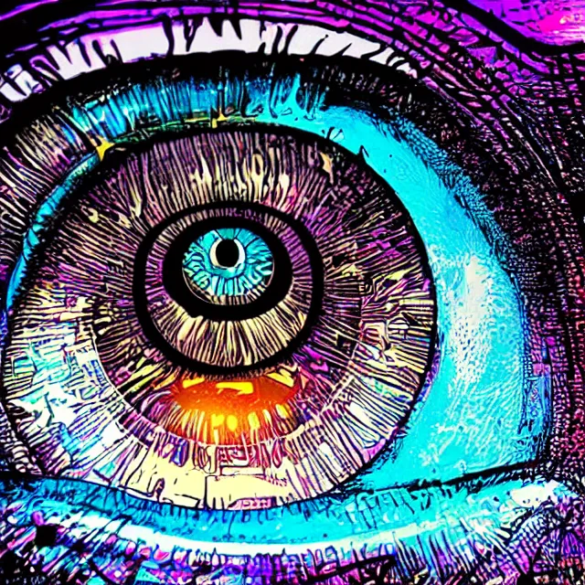 Image similar to macro shot of the iris eye, eye of horus, centered eye, symmetry, illuminati eye, colorful, sharp and focus, ultra detailed, beautifully lit, in the art style of dan mumford and marc simonetti