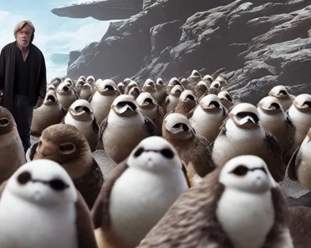 Image similar to Mark Hamill as Luke Skywalker standing with a flock of 10,100 Porgs.