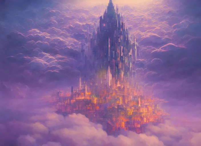 Image similar to floating city on clouds, dark fantasy, highly detailed, high quality, digital painting, alena aenami, lilia alvarado, shinji aramaki, karol bak, alphonse mucha, tom bagshaw