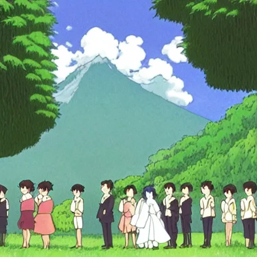 Prompt: STUDIO GHIBLI | a wedding at the farm, happy antropomorphic farm animals wearing wedding suits and robes, extended family, outside, mountain background, by Studio Ghibli, still picture, perfect movie shot, animation masterpiece, composition, frame