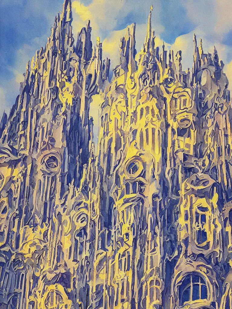 Prompt: A painting of a skyscraper designed by Antoni Gaudí, in Paris, in the style of ANIME