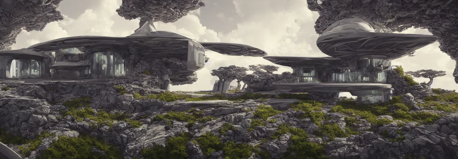 Image similar to a large futuristic house in the middle of a fractal landscape : octane render : unreal engine : 3 d fractal : digital 3 d : concept art : fractal : procedural : landscape