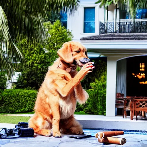 Image similar to a very detailed photo of a dog ( smoking a cigar ) outside the mansion by the pool