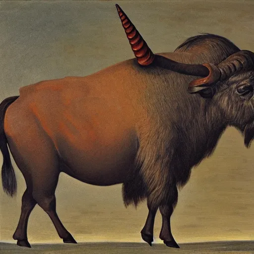 Prompt: A Buffalo with a unicorn horn emerging from its head, painting