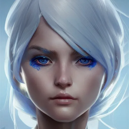 Image similar to ultra realistic illustration, aoc anime, intricate, elegant, white hair, blue eyes, cyborg, highly detailed, digital painting, artstation, concept art, smooth, sharp focus, illustration, art by artgerm and greg rutkowski and alphonse mucha