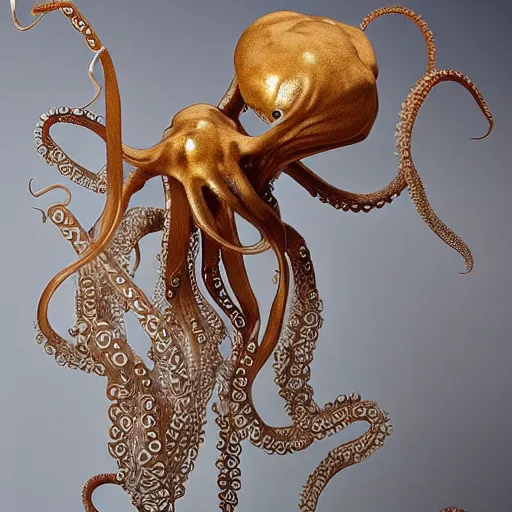 Image similar to incredibly detailed cybernetic symbiosis cybernetic octopus squid strandbeest made with fractals of snake and smoke and fine gold wire by Ellen Jewett and peter gric, trending on artstation, dof2, macro lens, Fine Arts, Rule of thirds, Vivid Colours