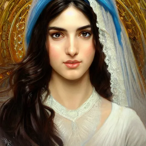 Prompt: portrait of ameera al taweel, bright blue eyes, long wavy black hair, white veil, front , highly detailed, digital painting, artstation, concept art, smooth, sharp focus, illustration, ArtStation, art by artgerm and greg rutkowski and alphonse mucha and J. C. Leyendecker and Edmund Blair Leighton