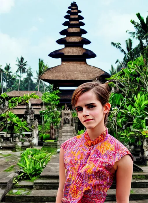 Prompt: emma watson wearing batik bali in bali. temple background. front view. instagram holiday photo shoot, perfect faces, corrected faces, 3 5 mm, award winning photography