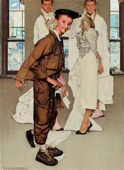 Image similar to a portrait by norman rockwell of a beautiful girl detailed features wearing a cargo wedding dress synthetic materials, jumpsuits chic'techno fashion trend by nike