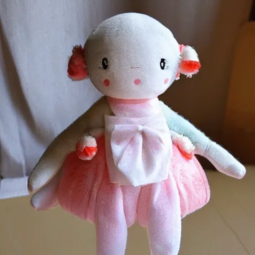 Prompt: a fumo plush girl stitched together from mismatched materials, kawaii