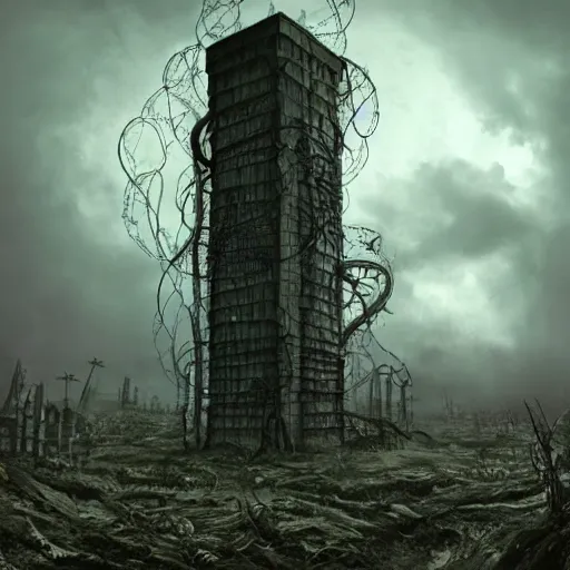 Image similar to giant evil bio-organic fleshy complex machine tower with tendrils and one eyeball at the top looking over a stormy post-apocalyptic wasteland, dystopian art