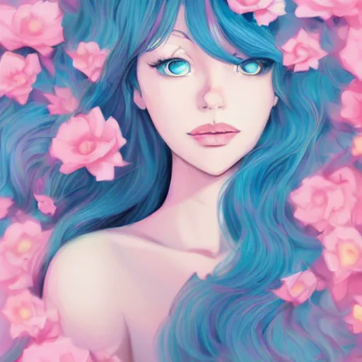 Prompt: very very very very beautiful portrait of a girl with blue flowing hair, portrait by loish, and Lois van Baarle, daily deviation, disney inspired, stunning masterpiece, anime style, pink flower