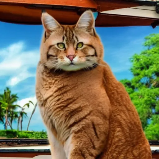 Image similar to A large cat on a small boat, cinematic, Funny, lots of detail, large island in the background out of focus,