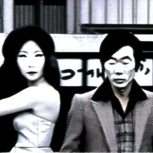 Image similar to 1 9 7 0 s, black and white japanese tv show, ph, mechanical monsters walking the streets of shinjuku