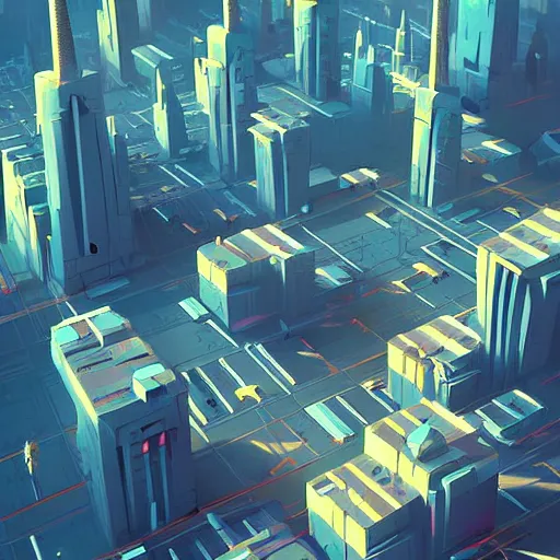 Prompt: futuristic city aerial illustration by petros afshar and christopher balaskas and marius borgeaud and kiliain eng, global illumination, ambient occlusion, 3 0 mm, well proportioned, highly detailed, rule of thirds