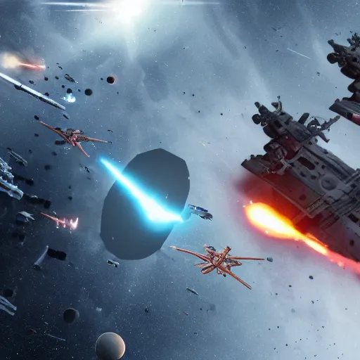 Prompt: an epic space battle between a fleet of space frigates, and a giant alien, found footage, realistic 8k photography